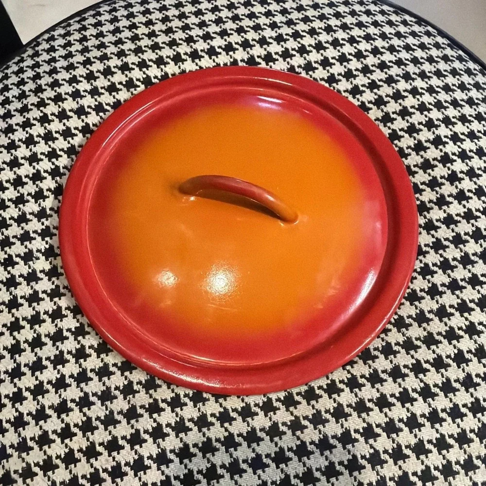 Vintage Descoware Flame Ombre Orange Enameled Cast Iron Saucepan w/‎ Lid FE 18